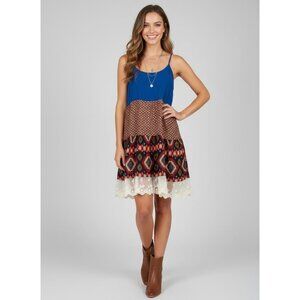 Colorblock Tiered Ruffle Hem Lace Trim Mini Slip Dress | Boho Coastal Cowgirl S